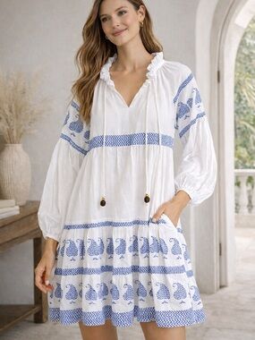 NWT Oliphant White Blue Boho Tiered Puff Sleeve Tassel Mini Dress L